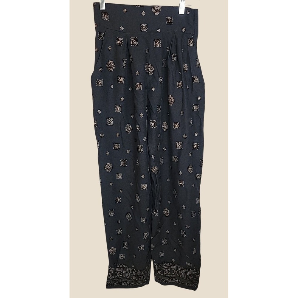 Vtg High Waisted Pleated Tapered Leg Boho Geometric Print Pants Black Gold Sz 10